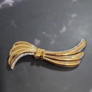 YSL Elegant Gold-Tone and Rhinestone Ribbon Brooch